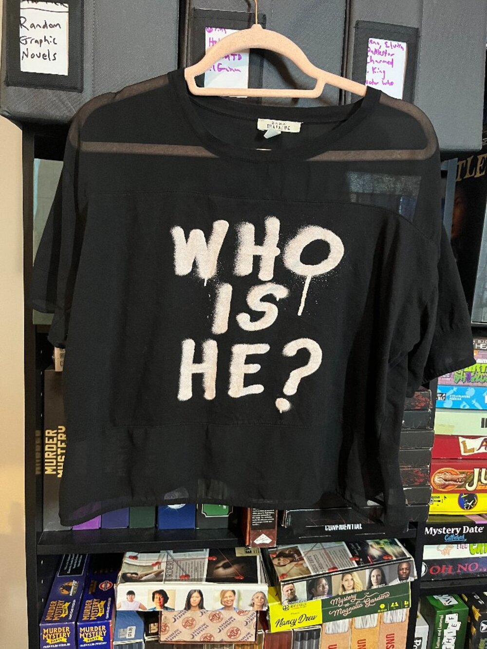 Zara Trafaluc “WHO IS HE?” Sheer Mesh Graphic Top Black Oversized Tee M